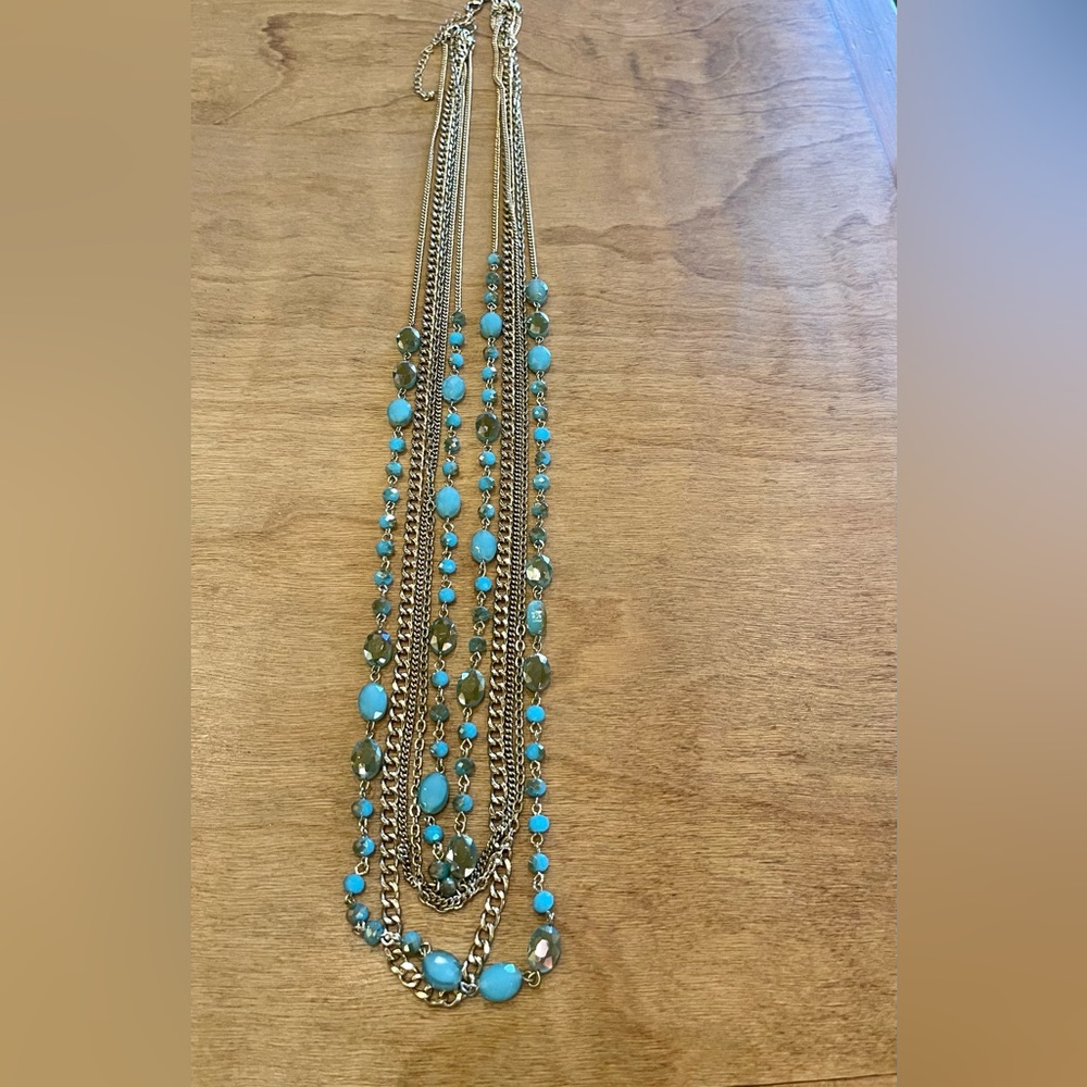 Premier Designs Multi Strand Gold Tone Belize Opalescent Blue Beaded Necklace.
